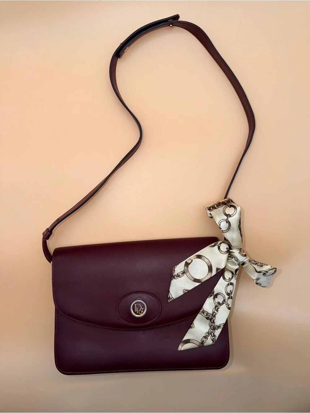 Vintage Christian Dior Burgundy Leather Medallion Flap Shoulder Bag France 🇫🇷